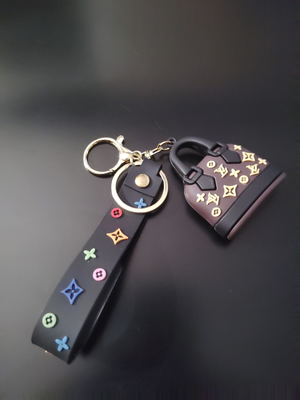 Designer-Inspired Black Multicolor Logo Charm Keychain